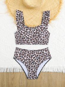 Tween Girls Leopard Print Ruffled 2-Piece Swimsuit, Suitable For Beach, Children Swimwear, Random Printed