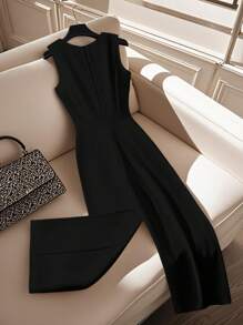 Franclia 女士优雅圆领无袖白色连体裤，春夏 - 黑色 - 查看 2