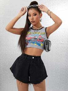 SHEIN ICON Shorts di jeans informali, vita alta, con orlo sfilacciato, stile distressed, taglie comode - nero - Visualizzare 3