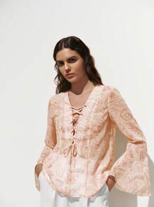 Lumivelle Women's Fashion Lace-Up Flare Sleeve Chiffon Printed Blouse