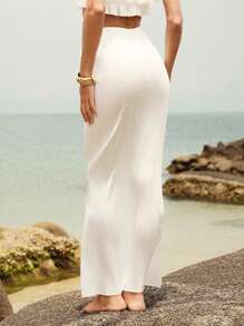 Anewsta 女士夏季沙滩褶皱高开衩和服裙 - 白色 - 查看 2