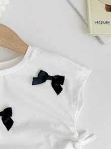 SHEIN LMoss Kids Babygirl 可爱休闲百搭针织白色蝴蝶结短袖衬衫，夏季 - 白色 - 查看 6