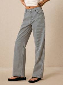 Poéselle 女士条纹牛仔裤，夏季时尚女士牛仔裤低腰直筒牛仔裤女士牛仔休闲宽松裤蓝色条纹裤女士裤子 - 深色水洗藍 - 查看 2