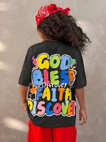 Coolane Tween Girls Spring/Summer Streetwear Y2K Graphic Print Loose T-Shirt, Summer Casual Vintage Sports Tee - Black - View 4