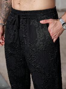 Manfinity CasualCool Pantalones casuales rectos y holgados para uso diario para hombres de talla grande, apropiados para salidas y vacaciones, con estampado de flores vintage rosa clásico en tejido jacquard texturizado, con cintura elástica y diseño de cierre, moda y práctico, regalo ideal para novio o esposo