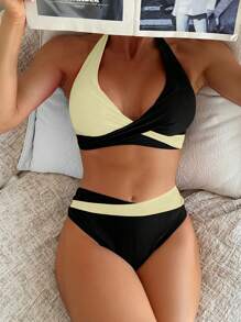 SHEIN Swim Women's Summer Beach Cross Wrap Front Two-Tone Halter Split Bikini Set - Multicolor - View 1