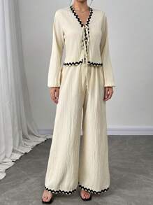 Firerie 女士象牙色法式灯笼袖荷叶边蝴蝶结上衣和松紧腰长裤套装，长袖长裤套装，休闲度假装 - 米色 - 查看 6