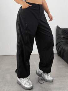 POPSWAY Plus Size Women Casual Street Chic Contrast Color Zipper Decor Drawstring Ankle Pants Fall Cloth For Women