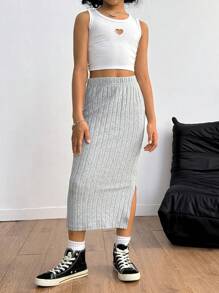 SHEIN Explorewe Tween Girls' Solid Color Separate Knit Skirt, Elastic Knit Fashion, Decorative Details, High Waist Design, Comfortable