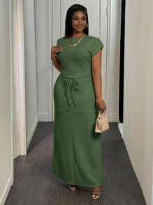 Slaydiva 2 件中年女性基本款日常 T 恤和裙子套装，2 件夏季服装女士夏季服装 - 綠色 - 查看 5