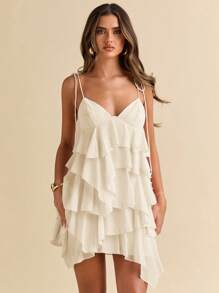 SHEIN BAE 夏季海边度假纯色荷叶边细节节日连衣裙荷叶边雪纺蛋糕裙吊带裙音乐节乡村音乐节演唱会返校婚礼伴娘 - 杏色 - 查看 7