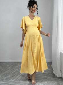 Momance マタニティイエロードレス Vネック フリル袖 前ボタンデコレーション 非対称ヘムライン - イエロー - チェックする 3