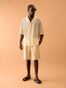 Musero Men Oversized Crochet Knit Button Through Short Sleeve Shirt Spring Summer Vacation Holiday Smart Festival Ibiza - Apricot - View 4