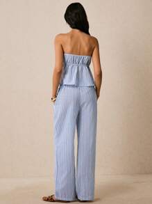 Poéselle 2件套女士条纹前系带抹胸上衣和裤子，休闲 - 藍白色 - 查看 7