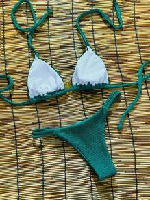 Swim Chiccia Damen Sommer Strand einfarbige Jacquard Material Spaghetti-Träger Metallschalendekor Sexy Bikini-Set - Grün - Übersicht 2