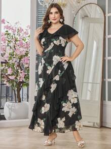 Modelyn Plus Size Floral Laser Cut Ruffle Trim Dopasowana sukienka mini z szyfonu, swobodna wiosna/lato - Wielokolorowe - Zobacz 5