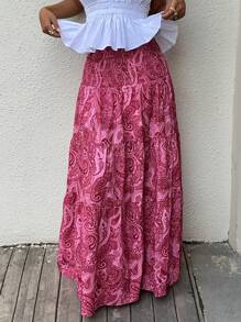 Sunnyshic 女式春夏波西米亚风印花松紧腰长裙，休闲日常穿着 - 中紫紅色 - 查看 8