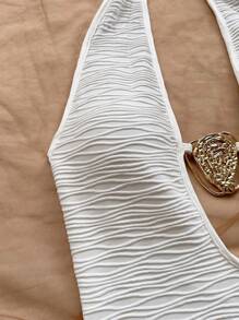 Soleia New Textured Halter Backless Tie Design Mini Dress With Metal Decor, Blue White Dresses For Women Vacation Dress - White - View 3