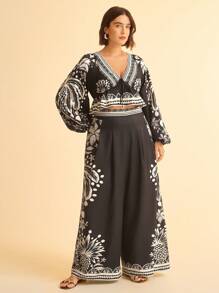 CAJUNI Plus Size Women Tropical Coconut Tree Printed Casual Wide Leg Extra Long Beach Pants