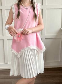 SHEIN Tween Mädchen zwischen 9-12 Jahren Elegantes Farbblock Kleid mit plissiertem Saum für den Sommer - Weiss - Übersicht 8