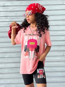 2pcs Set Tween Girl Letter Graphic Tee & Bike Shorts, Fashionable & Cool - Multicolor - View 5
