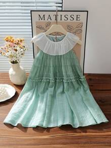 SHEIN Girls Elegant Round Neck Sleeveless Ruffle Hem A-Line Layered Cake Dress, Loose Fit, Suitable For Holiday Party, Birthday Gift, Vacation, Summertime - Green - View 3