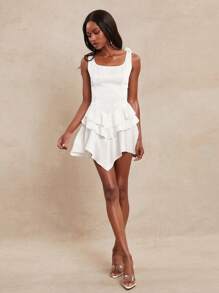 NYA SZN 连衣裙迷你蝴蝶结吊带夏季优雅俱乐部荷叶边毕业外出新娘婚礼宾客特殊场合服装女士 - 白色 - 查看 4