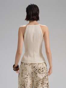 LYSMO 2025 New Arrivals Spring-Summer Women's Sleeveless Linen Tank Top With Agate Bead-Embellished Neckline And Cinched Waist, Retro And Casual, Vacation Style, Boho Chic, Country Cottagecore - Apricot - View 2