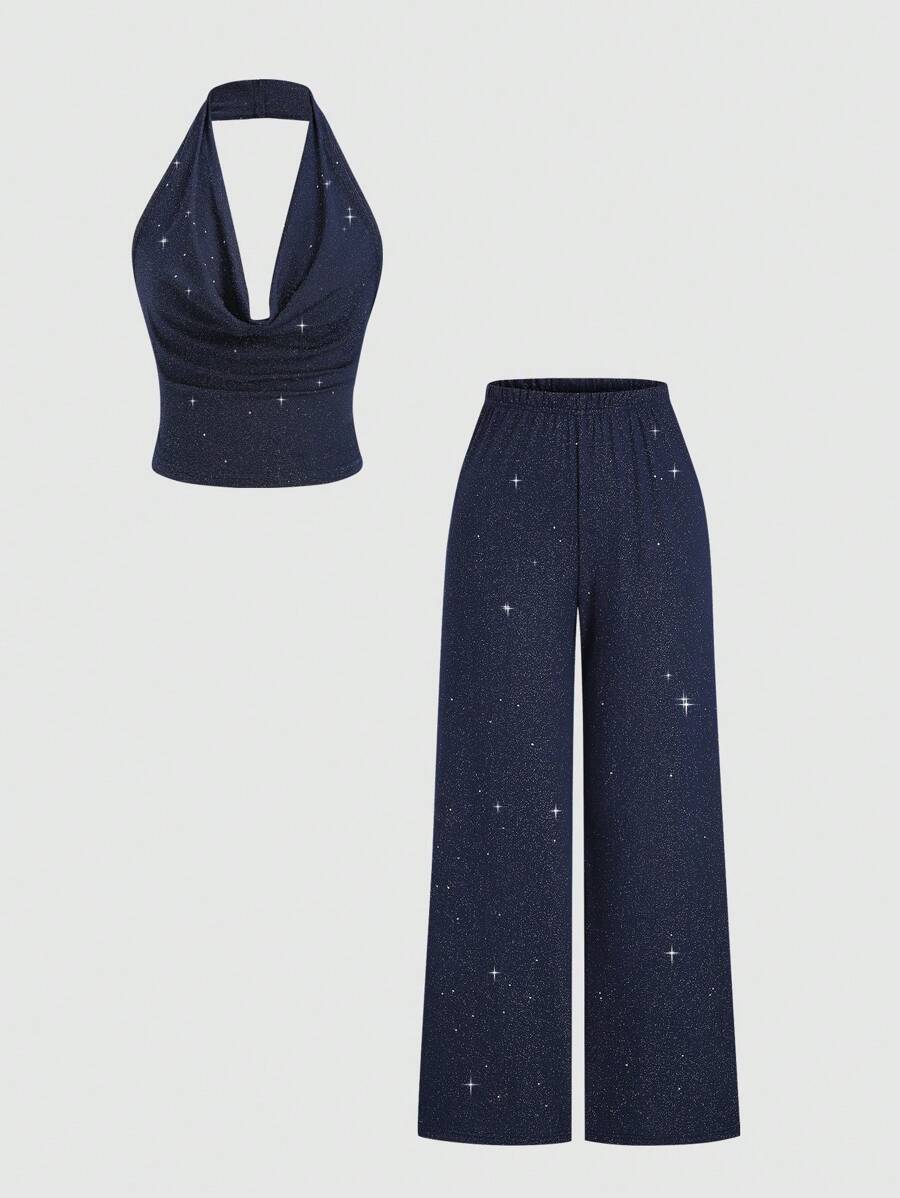 Sweetra Conjunto sexy de 2 piezas con top crop halter con brillo y pantalones anchos de pierna ancha, atuendo de moda para fiestas - Azul Marino - Ver 1