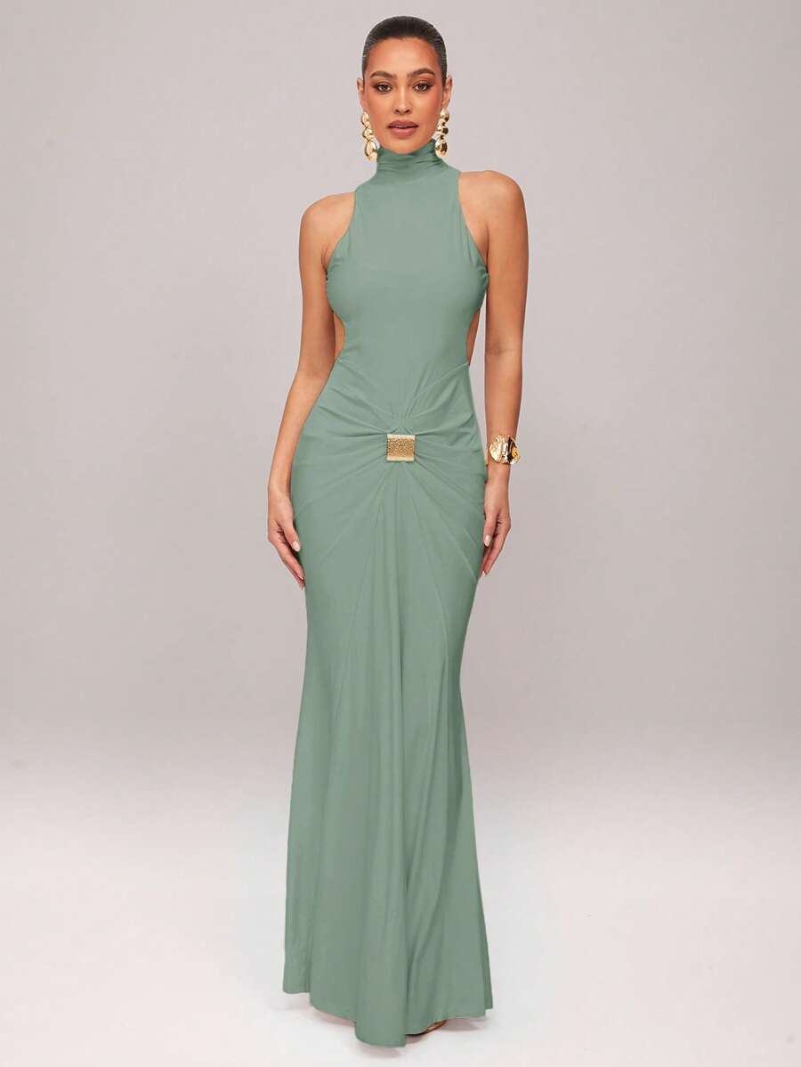 Silquee 女士优雅派对长袖高领性感露背连衣裙，带金属扣装饰，酒红色，安克尔红色，弹力针织面料，超长鸡尾酒会，浪漫约会，秋冬针织长裙，适合鸡尾酒会、婚礼、伴娘、正式活动、万圣节、圣诞节 - 薄荷綠 - 查看 1