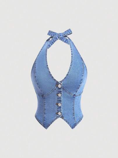 SHEIN MOD بلوزة جينز للنساء كاجوال بياقة شرابة وربطة خلفية وأزرار أمامية