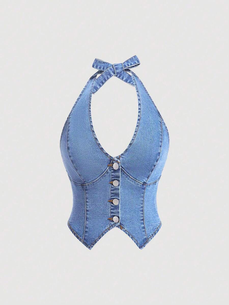 SHEIN PETITE Women's Y2K Single-Breasted Deep V-Neck Cropped Sexy Halter Denim Top - Blue - View 1