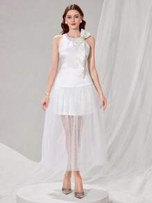 Poshira Vestido de noche de alta gama con decoración de lazo, diseño de vestido de fiesta con patchwork, vestido elegante y lujoso para dama aristocrática, vestidos de noche lujosos para mujer, vestido suave blanco de graduación