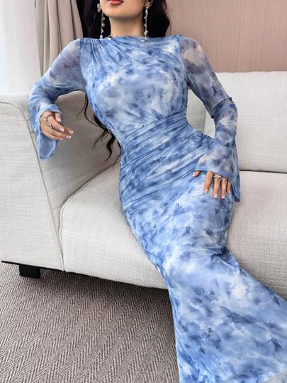 Feyla Women's Tie Dye Print Pleated Elegant Long Sleeve Dress  Blue Dress  Summer Outfits For Women   Wedding Guest Dress Women  Graduation Dress   Airport Outfit For Women  Tea Party Dress   Birthday Women Outfits,Dresses For Women Summer