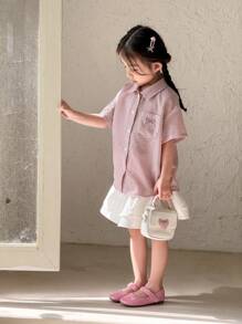 SHEIN 可爱甜美粉色蝴蝶结少女宽松条纹领休闲衬衫 - 粉色 - 查看 3