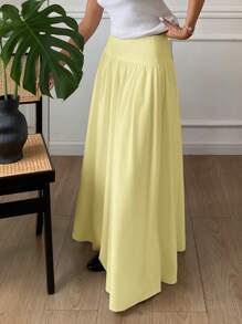 Serisse Women's Plain Zip Up Gathered Casual Yellow Skirt, Summer Winter Spring