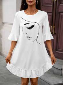 SHEIN LUNE Abstract Figure Print Round Neck Asymmetrical Hem Short Sleeve Dress - White - View 4