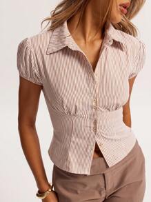 SHEIN BAE Spring And Summer Linen Striped Puff Sleeve Simple Casual Shirt Is Suitable For Commuting, Back To School Season, Going Out, And Gathering With Girlfriends. - Khaki - View 4