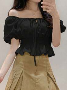 DAZY Women's Knot Waist Puff Sleeve Short Sleeve Black Blouse, Babydoll Top