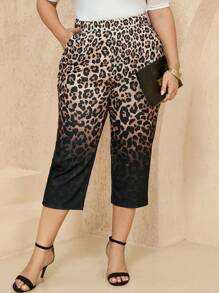 EMERY ROSE Plus Size Women's Elastic Waist Leopard Print Pocket Casual Capri Pants, Summer Fashion, Women's Resort Wear, Women's Brunch Wear, Women's Business Casual Wear, Women's Wedding Guest Dresses, Women's Summer Clothing,Women's Work Clothes - Multicolor - View 7