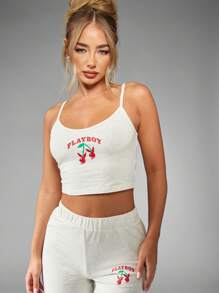 Missguided x Playboy Christmas Cotton Blend Sleeveless Cherry Print Pajama Set - Light Grey - View 4
