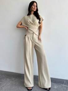 Firerie 女士优雅通勤裹胸系带上衣和阔腿裤套装 - 杏色 - 查看 5