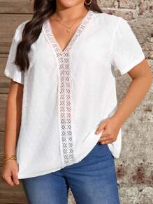 EMERY ROSE Plus Size Solid V-Neck Lace Patchwork Casual Short Sleeve Shirt, Summer - White - View 1