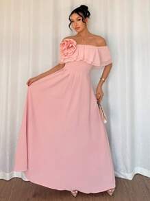 Selianne Women's One Shoulder Ruffle Chiffon A-Line Pleated Elegant Dress - Pink - View 3