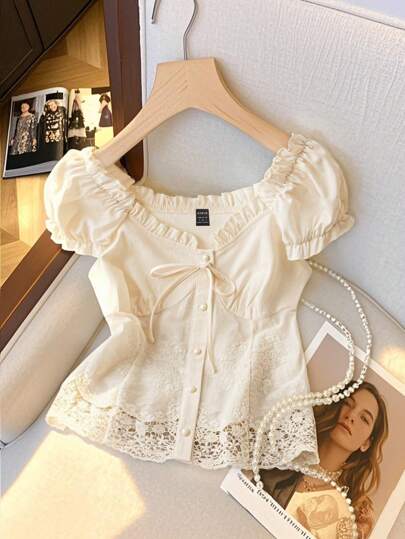 Franclia 女士甜美优雅荷叶边撞色蕾丝露肩双向修身短款衬衫，春夏