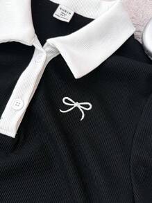 Teen Girls Black And White Casual Personalized Contrast Collar Ribbed Knit Buttons Snug Fit Dress, Summer Dresses, Butterfly Embroidery