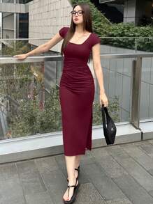DAZY 女士方领褶皱短袖露背纯色迷你连衣裙优雅礼服女士连衣裙生日女装女士生日女士夏季服装酒红色中长连衣裙紧身中长连衣裙修身中长连衣裙长款紧身连衣裙弹力中长连衣裙红色女士连衣裙鸡尾酒裙 - 酒紅色 - 查看 4