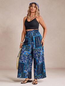 SHEIN VCAY Pantaloni a gamba larga con vita elastica e stampa a motivo di anacardi, adatti per vacanze, taglie forti per donne
