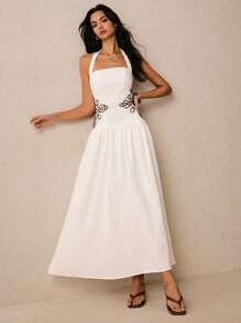 Poéselle 白色棉质连衣裙，刺绣连衣裙，节日连衣裙，女士夏季纯色露背吊带连衣裙