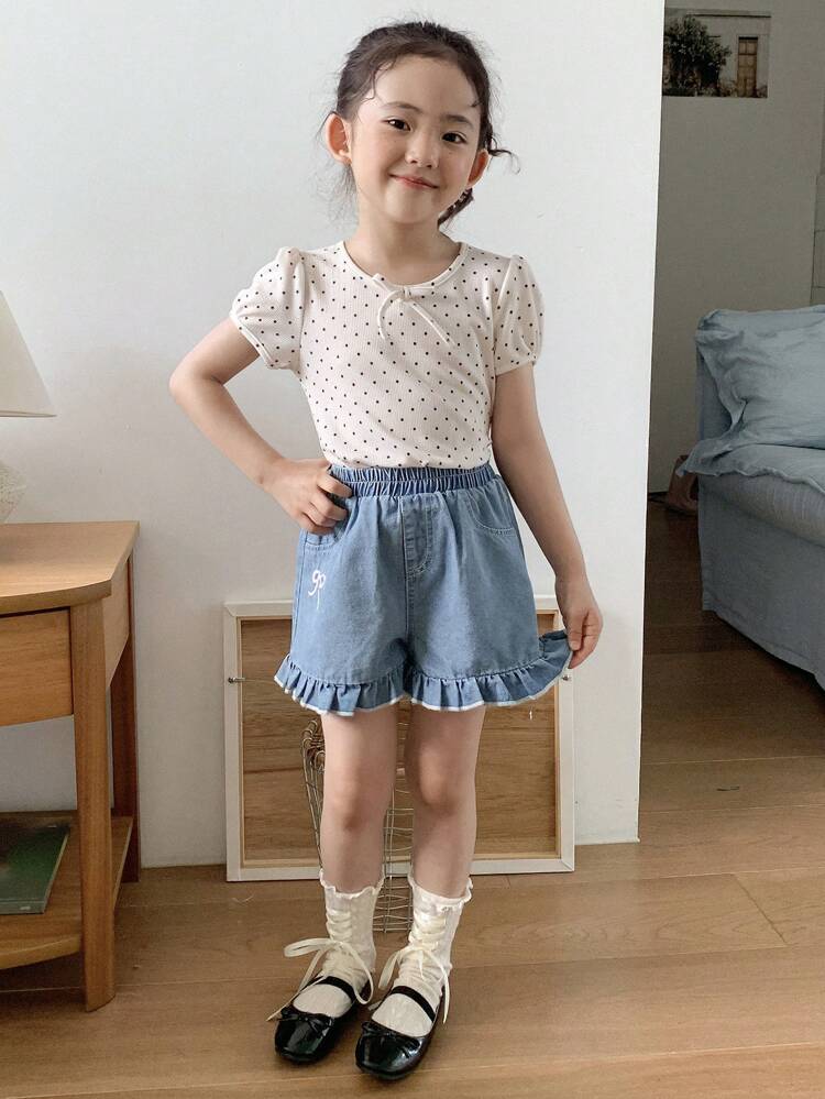 Young Girls Ruffle Hem Straight Leg Denim Shorts